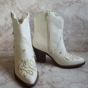 MIA Off White and Gold Western Ankle Women's Boots with Embroidery
